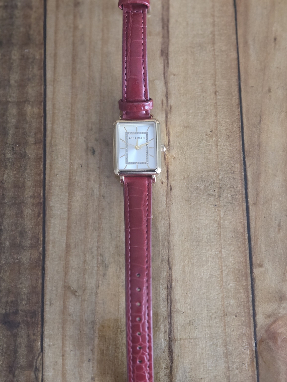 Anne Klein Gold-Tone Square Case Watch with Red Leather Strap